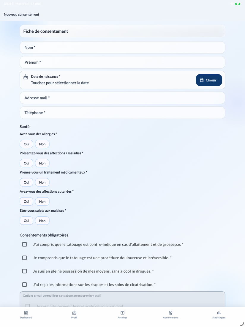 Écran de saisie du consentement client sur iPad