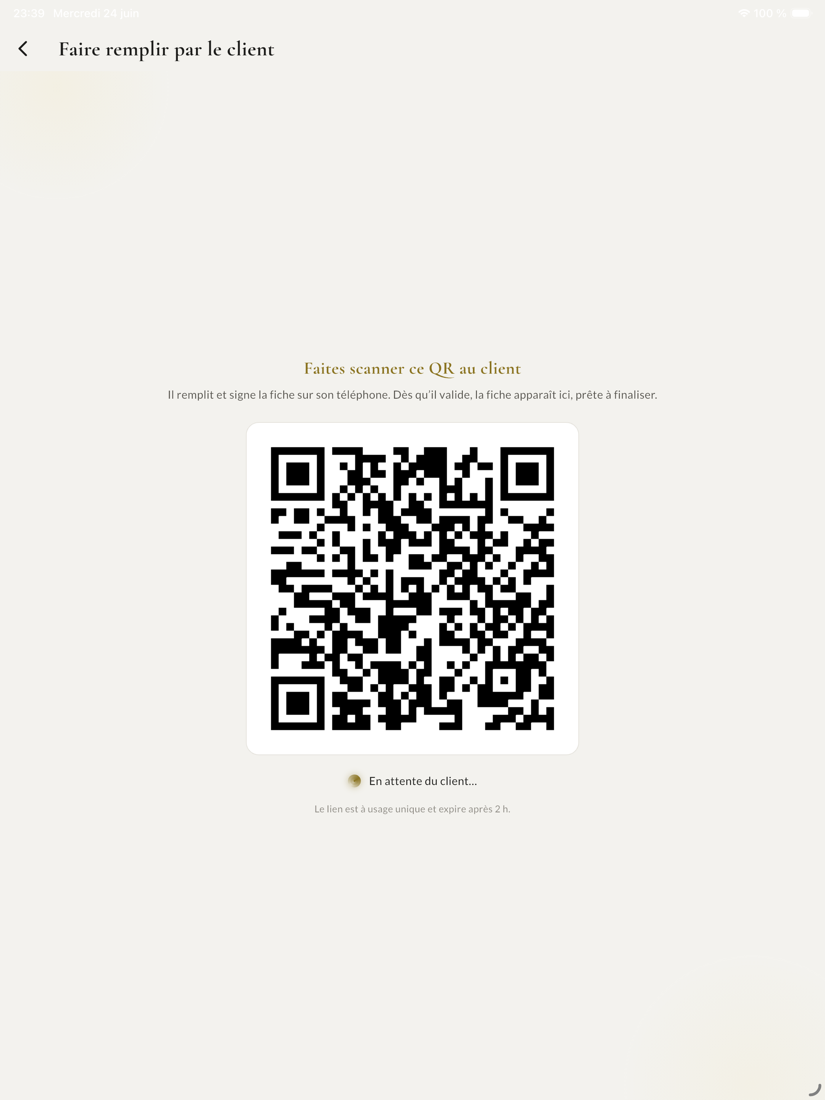 QR à faire scanner par le client pour remplir son consentement sur son téléphone